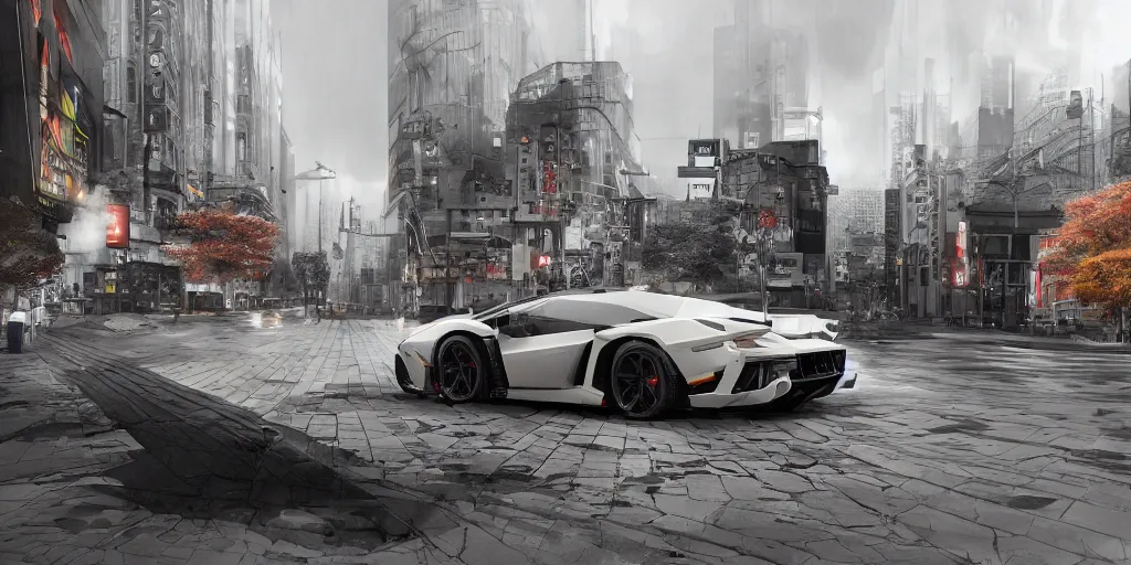Image similar to black lego lamborghini in a future city. metabolism japanese architecture. soft light. cinematic. intricate. mist. low angle wide shot. highly detailed. matte painting in the style of pascal blanche. octane render. 8 k. trending on artstation