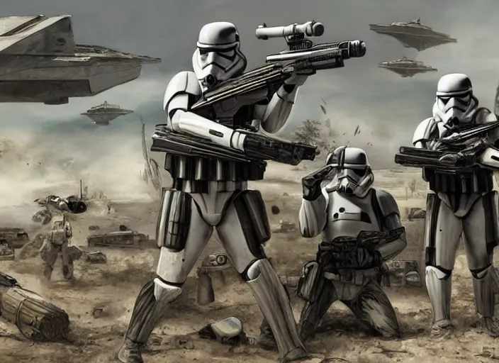 Prompt: galactic stormtrooper dirty war battlefield