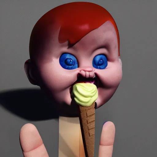 Prompt: ice cream popsicle shaped like screaming chucky doll, octane render, ultrarealistic, centered, volumetric lighting