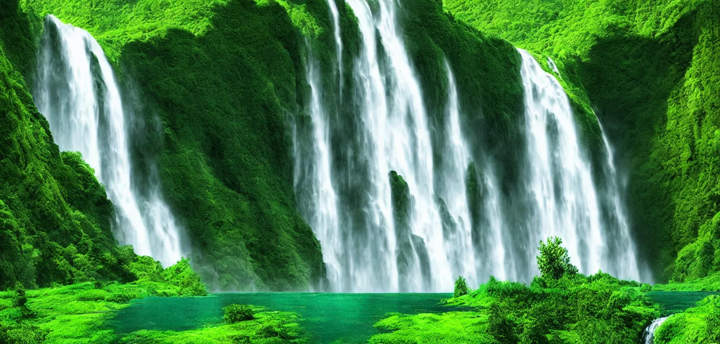 Image similar to a large waterfall in the middle of a green valley, vector art, a detailed matte painting by jacob willemszoon de wet, shutterstock contest winner, naturalism, sense of awe, national geographic photo, unreal engine