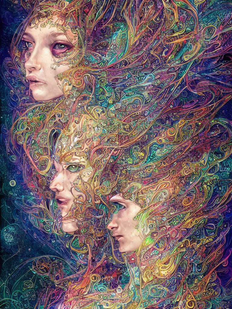 Image similar to an intricate visionary depiction of a realistic beautiful glowing enlightened female transcending beyond the physical boundaries of space and time by android jones and amanda sage