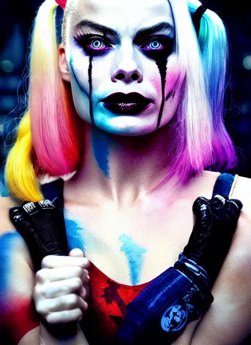 Prompt: 2 8 mm side portrait of beautiful suicide squad happy margot robbie with long white hair that looks like harley quinn, gotham city double exposure, angry frown, glamour pose, watercolor, frank miller, moebius, jim lee, annie leibowitz