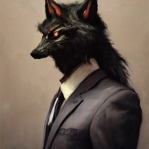 Image similar to werewolf wearing a suit by ruan jia, portrait