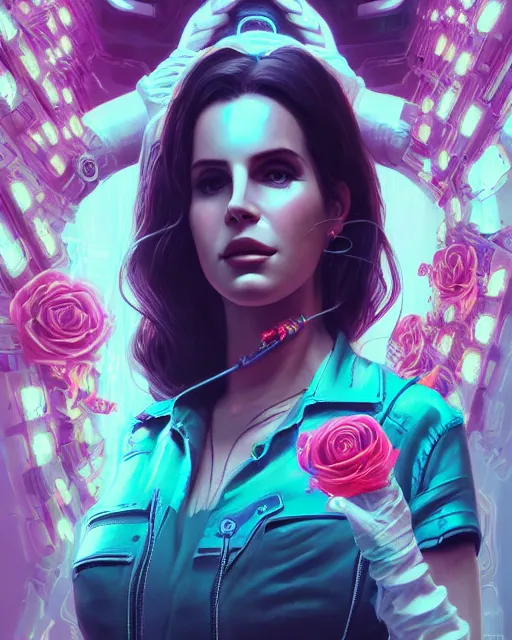 Image similar to portrait of lana del rey as a cyberpunk cyborg. roses, sci - fi, missing panels, intricate abstract, upper body, intricate artwork, by tooth wu, wlop, beeple, dan mumford. concept art, 8 k octane render, deviantart, greg rutkowski, cinematic, key art, hyperrealism, iridescent accents