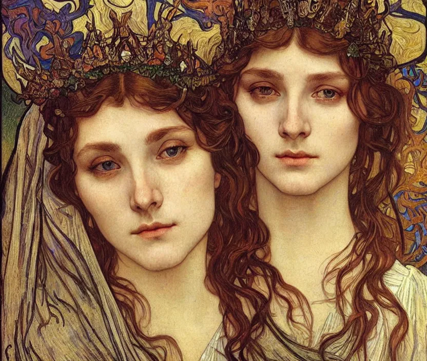 Image similar to detailed realistic beautiful young medieval queen face portrait by jean delville, alphonse mucha, vincent van gogh, and marco mazzoni, art nouveau, symbolist, visionary, gothic, pre - raphaelite