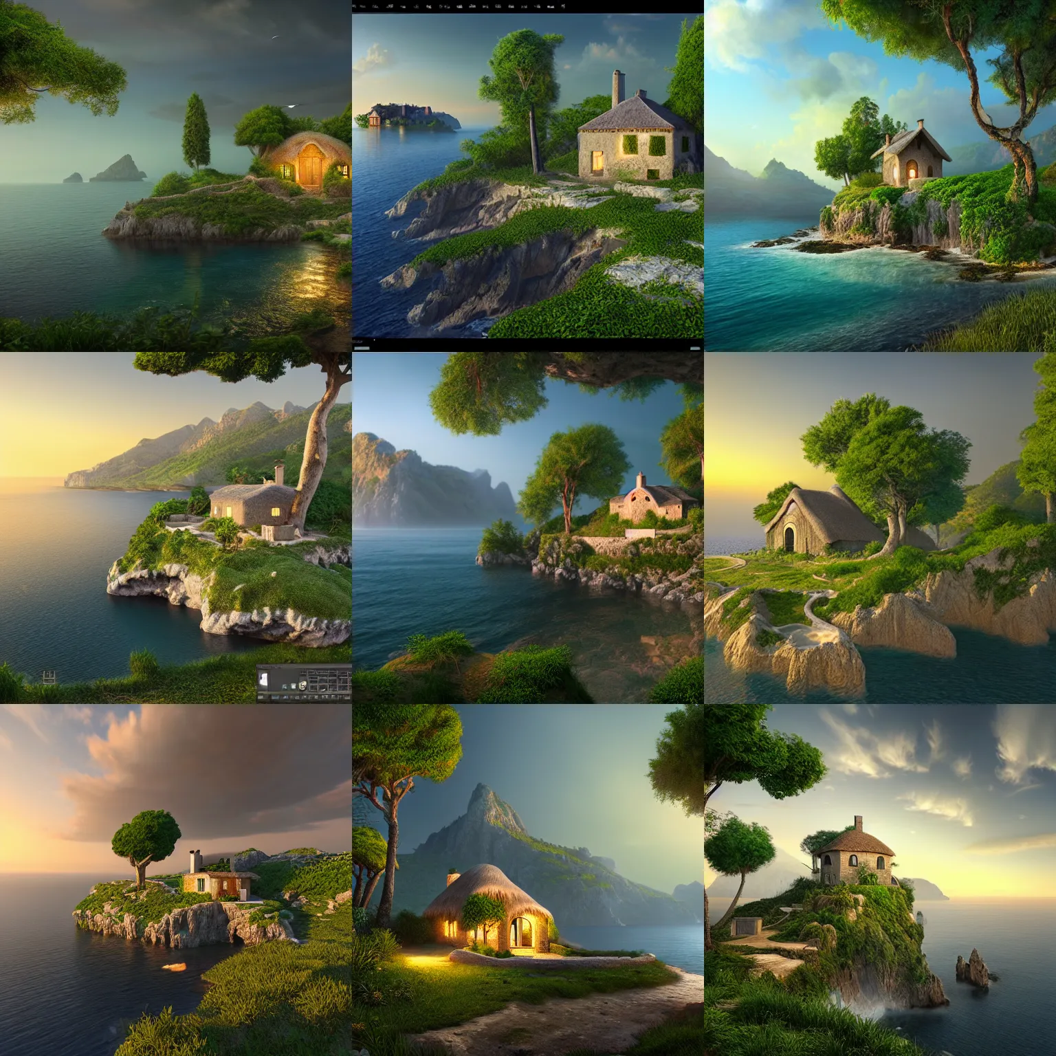 Prompt: a beautiful hyper realistic detailed matte painting of a majestic island with a cottage in a mediterranean forest at evening, unreal engine, barometric projection, rectilinear, f 8