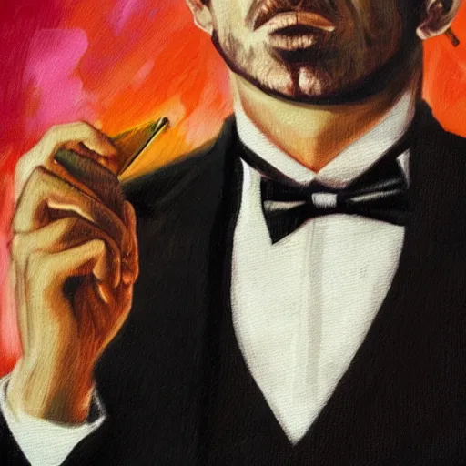 Image similar to a close - up canvas painting of a realistic gangster irish man with a fade haircut, lighting a cigar, wearing a suit, bowtie, and ring, highly detailed