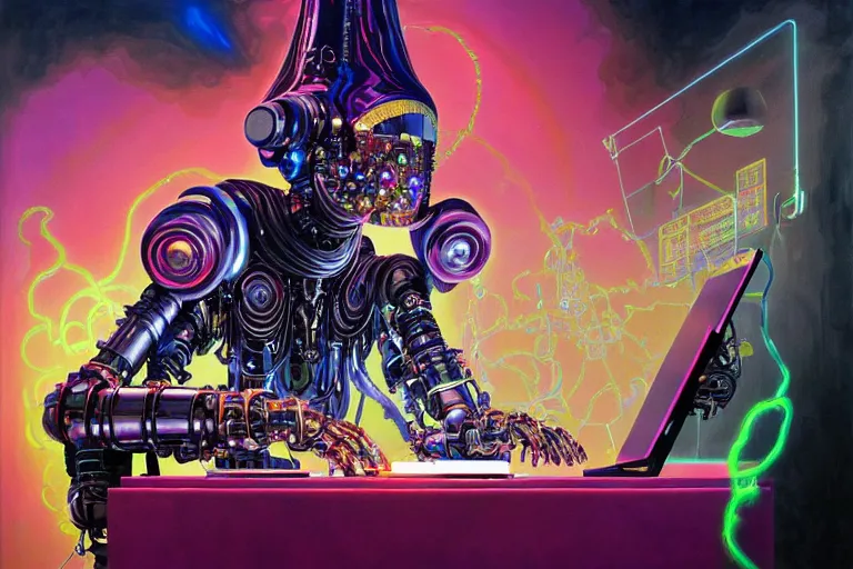 Image similar to a highly detailed beautiful masterpiece painting of a cybernetic technomancer wizard in dazzle camouflage robes with pointed hood discussing sentience with his synthesized AI djinn hologram in his laboratory near a computer by Remedios Varo and Anato Finnstark and Greg Rutkowski, dayglo pink, dayglo blue, hyperrealism, 8k, trending on ArtStation, rendered in Octane, volumetric lighting