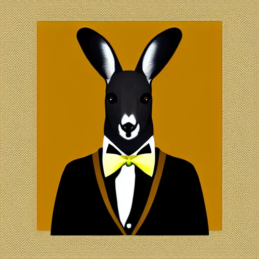 Image similar to spy kangaroo, in a strict suit with bowtie, like james bond, avatar image, digital art, minimalism