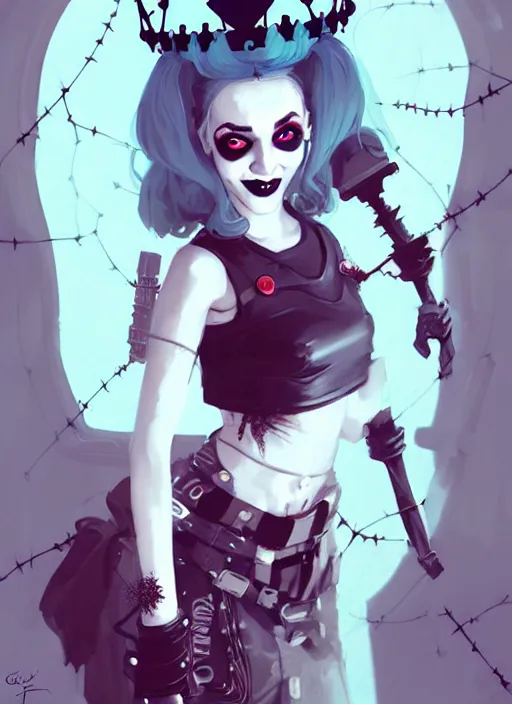 Prompt: portrait of cute goth harley quinn girl with crown of thorns, warhammer, cyberpunk, by atey ghailan, by greg rutkowski, by greg tocchini, by james gilleard, by joe fenton, by kaethe butcher, dynamic lighting, gradient light blue, brown, blonde cream and white color in scheme, grunge aesthetic