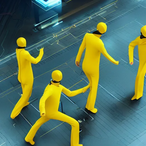 Image similar to futuristic world with people wearing yellow jump suits, 8 k resolution, cinematic lighting, anatomically correct