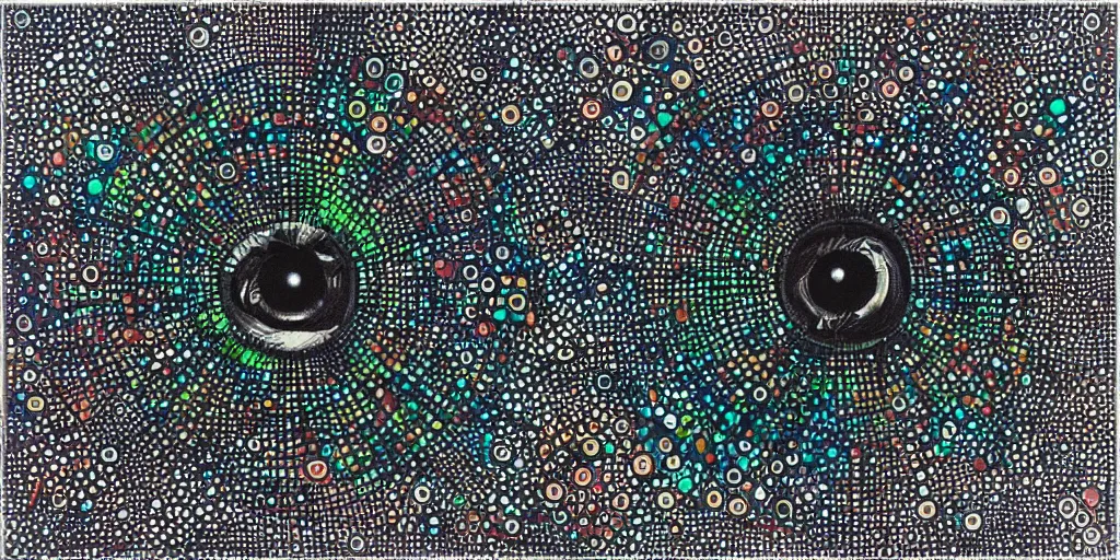 Image similar to deconstructed eye camo, technical, acrylic, centered burst, teeth, eerie, tribal, clay, dotting, lines, stipple, points, cybernetic, style of old painting, francis bacon art, sleep paralysis, hypnosis, eerie, terror, oil, neon, black and white, splotches, colorful dots, ominous, abstract