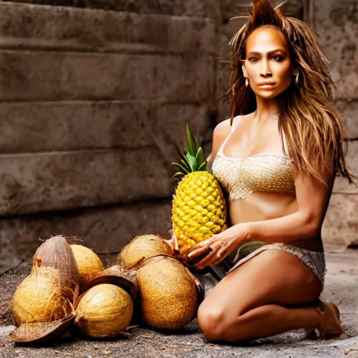 Image similar to j - lo, with two coconuts and a pineapple as a hat, professional photography, photoshop