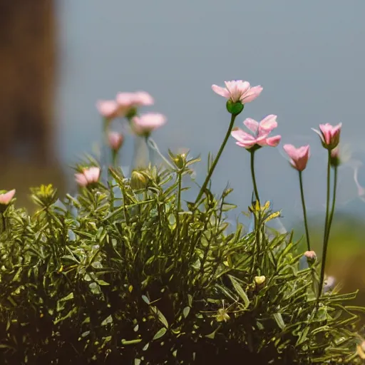 Image similar to A picture of a delicate plant that has hearts as the flowers. Some hearts are flying away from the plant in the background with the wind
