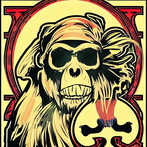 Image similar to ape monkey portrait skull bones in the style of Alphonse Mucha pop art