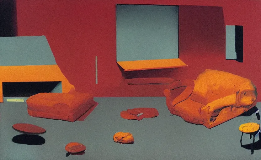 Prompt: an empty room in the style of constructivism, couch is on fire, blurred, grotesque, doomed, neural acrylic paint, high resolution, gouache on canvas, ultra detailed, vibrant colors, grotesque, wrapped thermal background, art by francis bacon, beksinski painting