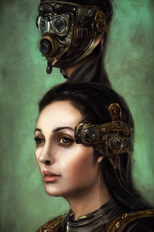 Prompt: portrait, headshot, digital painting, of a 17th century, beautiful, middle aged, middle eastern, wrinkles, decadent, cyborg noble woman, dark hair, gasmask, amber jewels, baroque, ornate dark green opulent clothing, scifi, futuristic, realistic, hyperdetailed, concept art, chiaroscuro, Waterhouse style