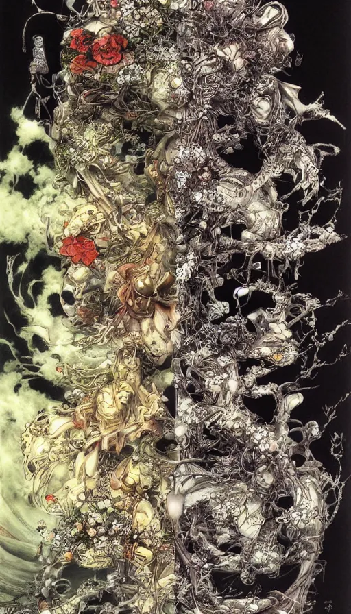 Image similar to life and death mixing together, by yoshitaka amano,