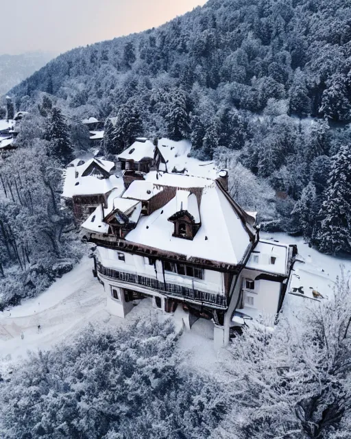 Image similar to burning mansion in the alps with snow covered roof zoomed out, shot from drone, iphone capture, fire