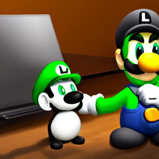 Prompt: luigi sitting next to penguin tux in front of a computer, cute digital art, 4 k