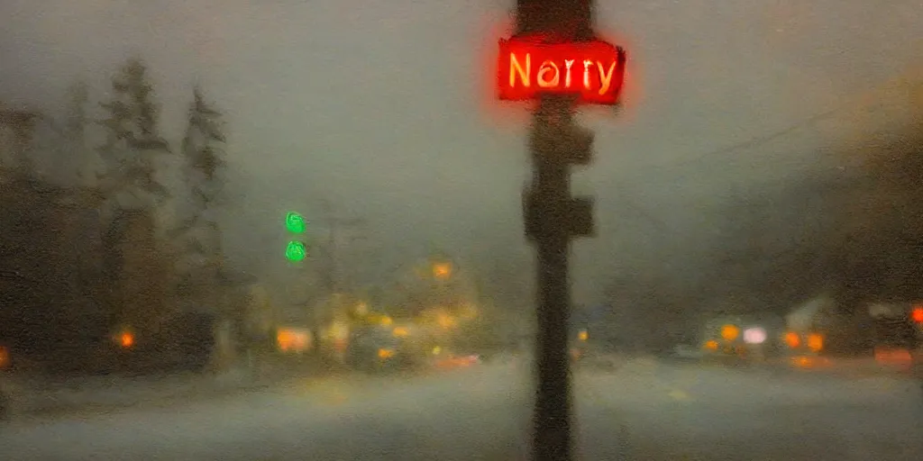 Image similar to painterly, messy, ominous! landscape of north bend, washington main street, dark, lonely!! stop light glowing, twin peaks, 'lone dark figure'!!