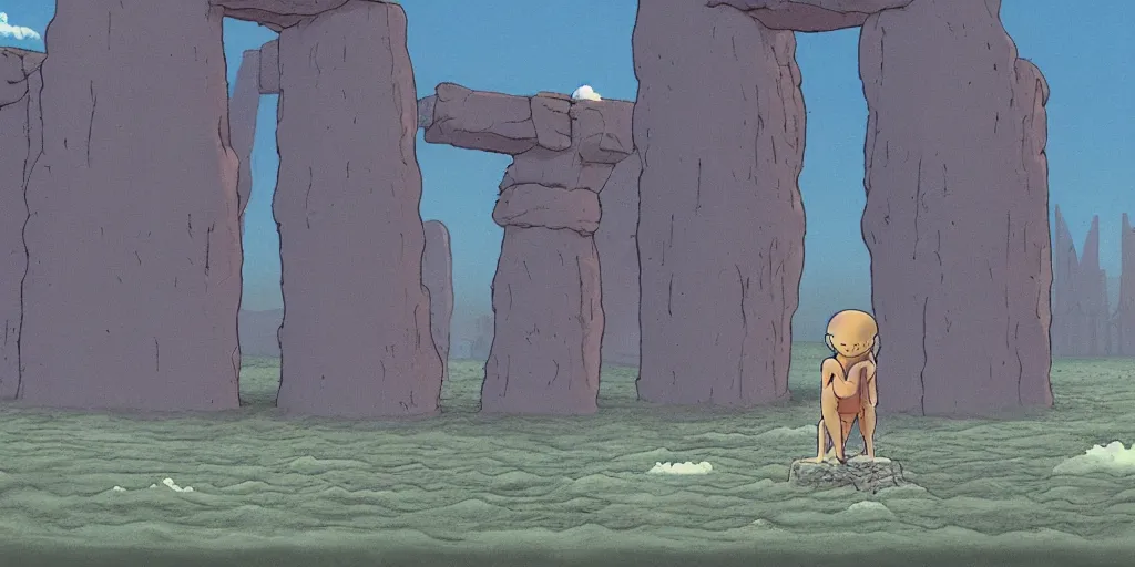 Image similar to a realistic cell - shaded studio ghibli concept art from paprika ( 2 0 0 6 ) of a hairless ape from close encounters of the third kind ( 1 9 7 7 ) in a flooded monument valley stonehenge. very dull colors, wide shot, hd, 4 k, hq