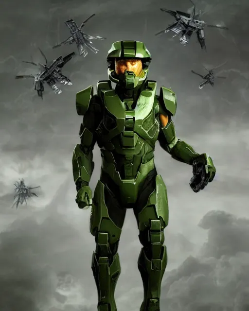 Image similar to jeff goldblum in a halo spartan suit, medium shot