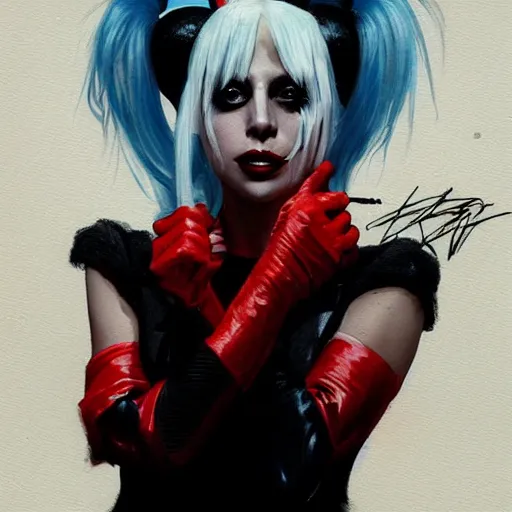 Prompt: lady gaga as harley quinn, portrait, painted by greg rutkowski