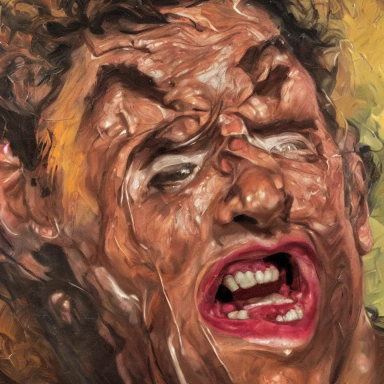 Prompt: warmly lit close up studio portrait of young angry!! screaming teenage Jerry Seinfeld furious!, impasto oil painting thick brushstrokes by Lucian Freud and Cy Twombly and Tim Hawkinson , trending on artstation dramatic lighting Expressionism