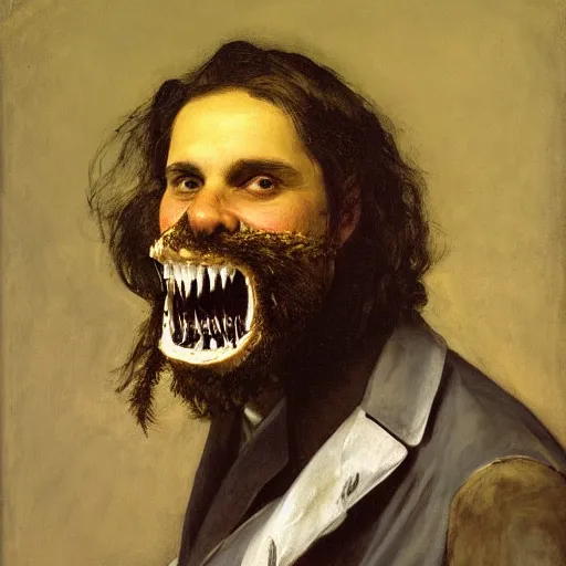 Prompt: dentist portrait of a dentist with large, giant teeth, rotten teeth, yellow, broken, cavities, moldy by Mark Brooks and Gustave Courbet