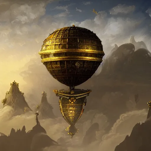 Image similar to enormous flying city in a faberge egg, sky, steampunk, fantasy art, masterpiece, hugh ferriss, unreal engine, peder balke, clouds background