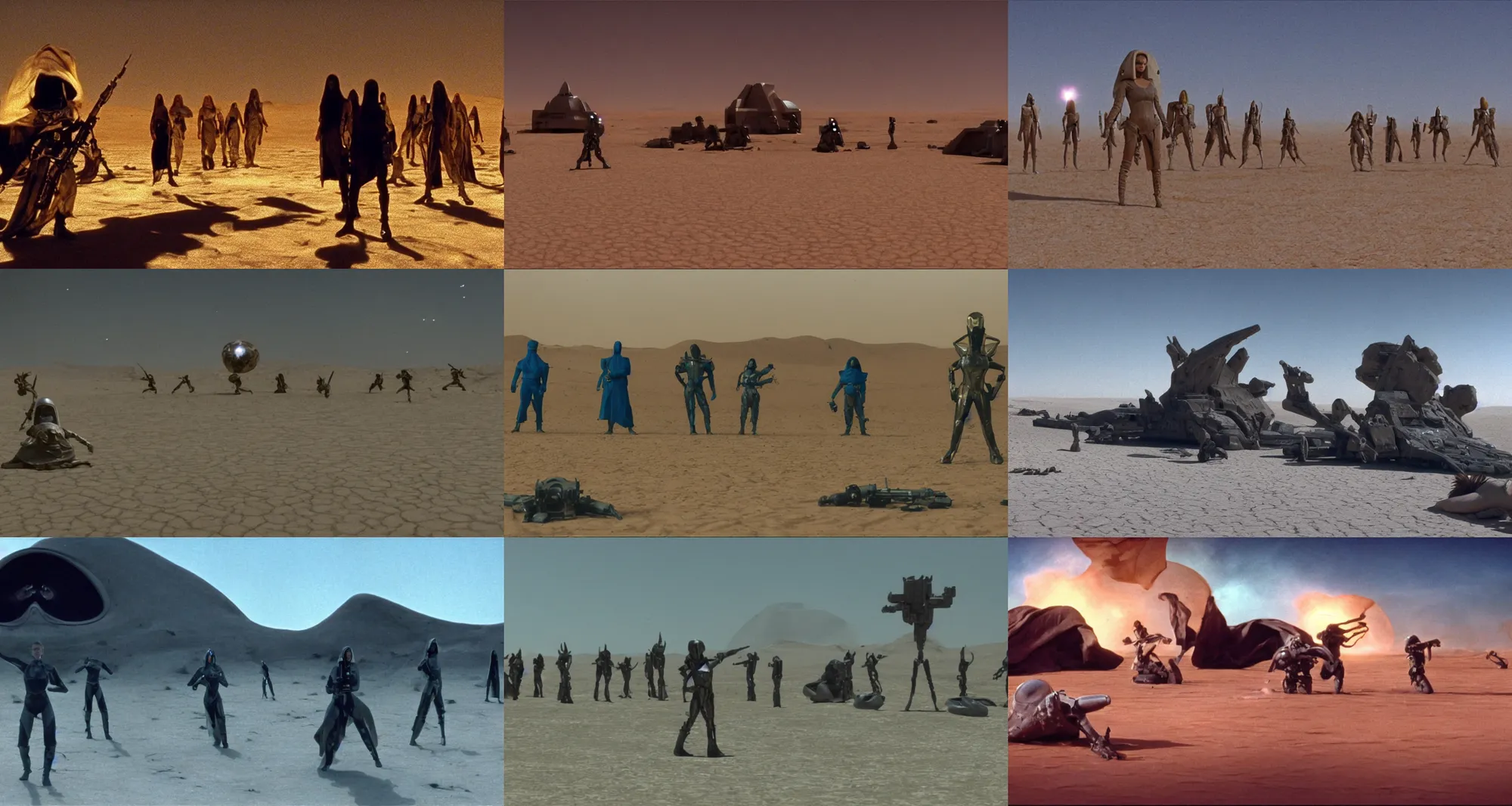 Prompt: the mass battle scene between bene gesserit women and harkonnens in the desert near the abandoned buildings in night arrakis desert, spaceship exploding, laser guns, film still from the movie by alejandro jodorowsky with cinematogrophy of christopher doyle and art direction by hans giger, anamorphic lens, kodakchrome, 8 k,
