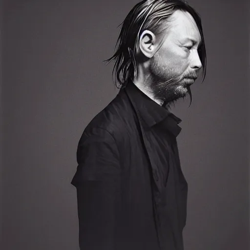 Image similar to Thom Yorke, with a beard and a black shirt, a computer rendering by Martin Schoeller, cgsociety, de stijl, tintype photograph, studio portrait, calotype