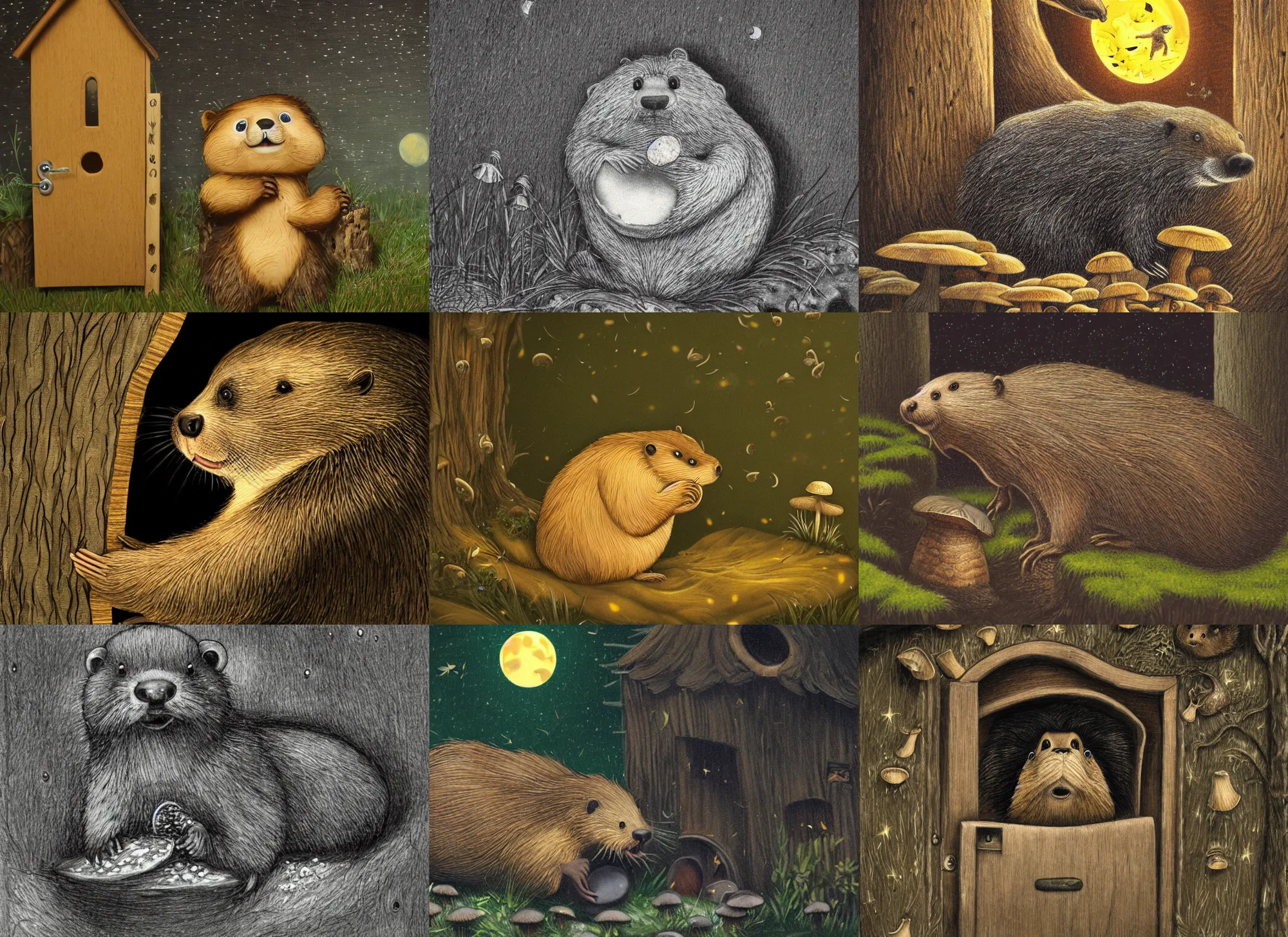 Image similar to angry anthropomorphic beaver knocking on his neighbors mushroom house door, incredibly fine detailed portrait, dynamic angle, 2 0 0 mm focal length, highly detailed, dramatic full moon lighting, many fireflies