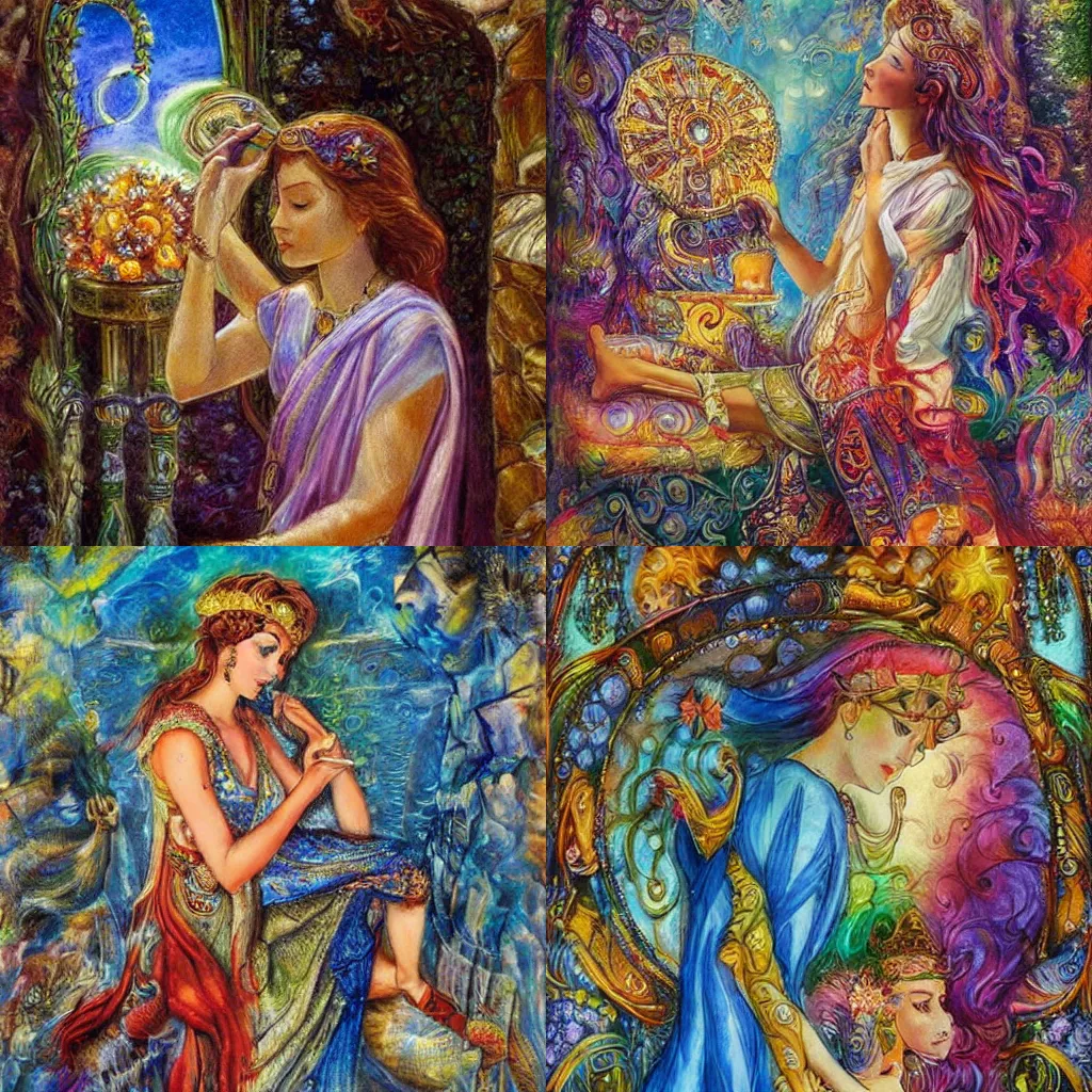 Image similar to goddess checking her phone, by josephine wall