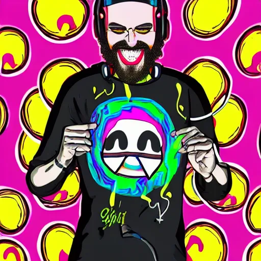 Image similar to artgerm, psychedelic laughing pewdiepie, rocking out, headphones dj rave, digital artwork, r. crumb, svg vector