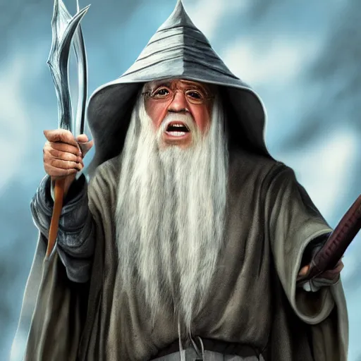 Prompt: danny devito as gandalf the white, lord of the rings movie, full body, high quality, wide angle, illustration, digital art, full color
