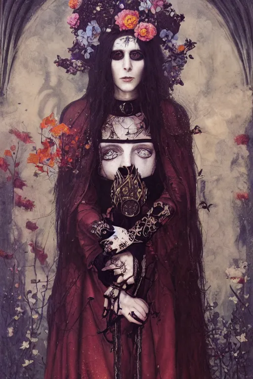 Prompt: portrait of a medieval priestess chelsea wolfe, goth punk, floral flowers, radiant colors, tarot, surreal, a flemish baroque by alexander mcqueen, art by john collier by greg rutkowski and craig mullins, oil on canvas