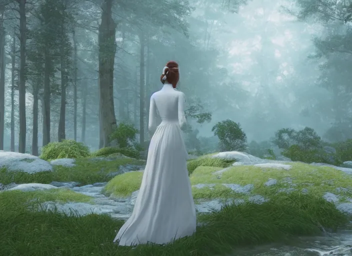 Image similar to a woman dressed in a white dress, seen from behind, in a magical forest, painted by, mc escher, gordon onslow ford, georgia o'keeffe and ivan aivazovsky, cinematic light, god rays, colourful, unreal engine, zbrush central,