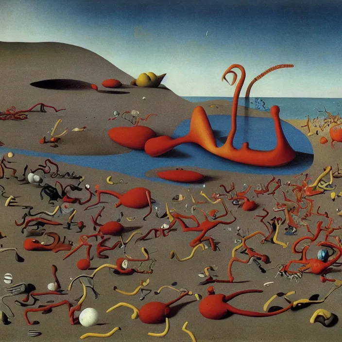 Image similar to the first color getting out of the primordial ocean to walk on land. codex seraphinianus. painting by yves tanguy, jan van eyck, moebius, walton ford, rene magritte