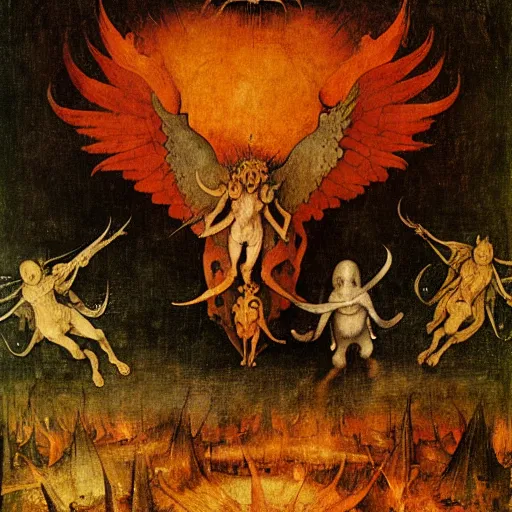 Image similar to vision of hell with winged demons flying over the flames art by : hieronymus bosch, albrecht durer hans memling leonardo da vinci francisco goya pieter bruegel the elder jan van eyck