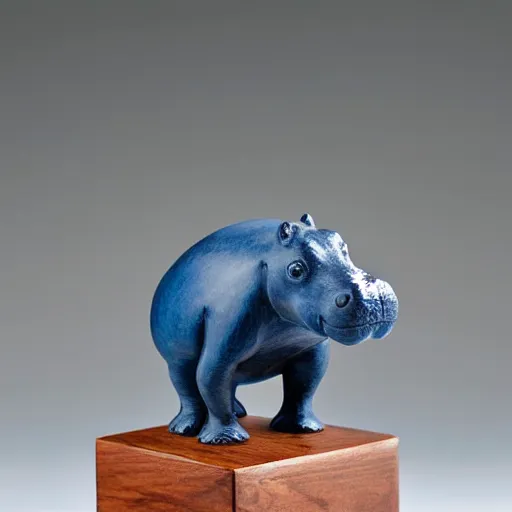 Image similar to a small simple hippo statue carved natural wood, dipped in polished blue ceramic, half and half, mixed media, side view