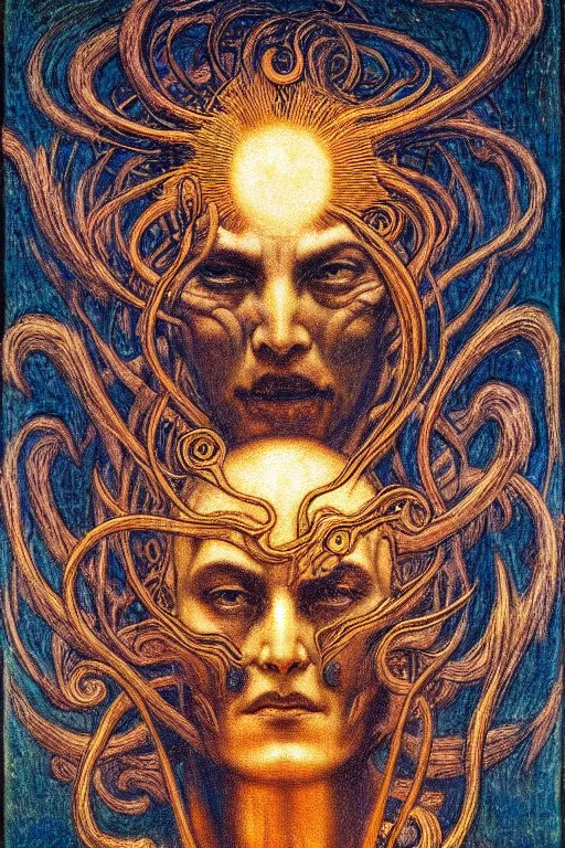 Image similar to the face of the black hole sun, in the style of gustav moreau, jean delville,  Gaston Bussiere and wayne barlowe composition by austin osman spare