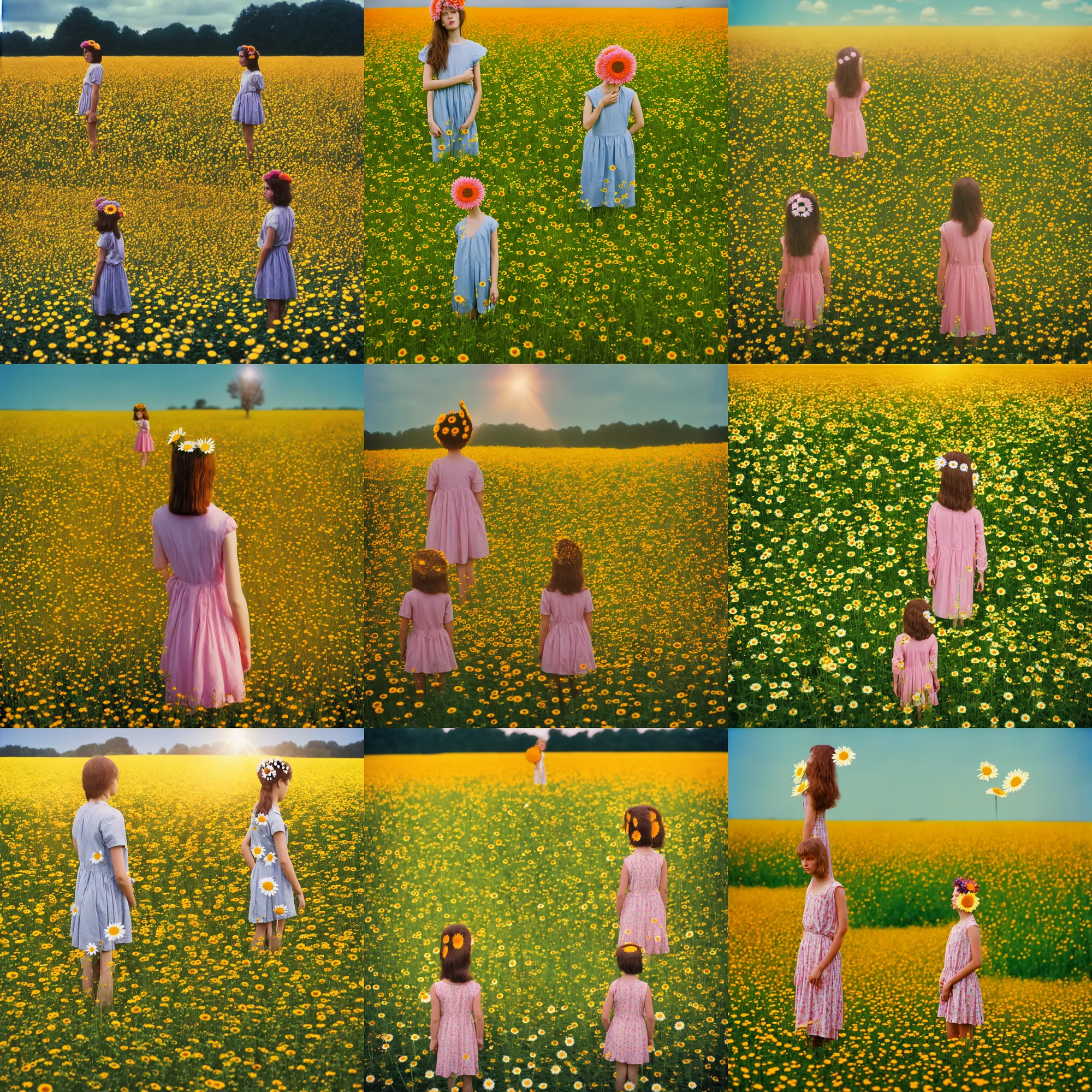 Prompt: kodak portra 4 0 0, 8 k, full body daisy flower head girl standing in a flower field, her head is hidden behind the huge daisy flower, dramatic light, simon stalenhag