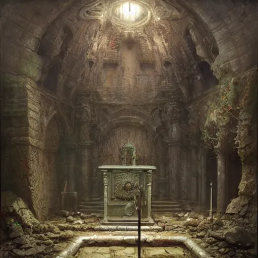 Image similar to a beautiful hyper realistic detailled matte painting of a decrepit altar in an underground crypt, by john howe and moebius and bastien lecouffe deharme and andreas rocha, trending on artstation