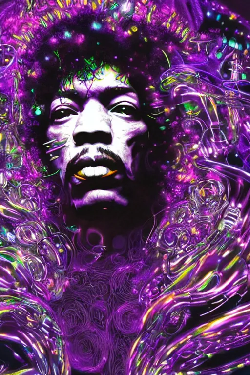 Image similar to A Weirdcore Mesmerizing 8k hyperrealistic portrait of cyberpunk Jimi Hendrix, floating in spirals of iridescent mycelum, surrounded by purple haze, neon lines, by Ayami Kojima, Daytoner, Greg Tocchini, James Jean,Yoshitaka Amano