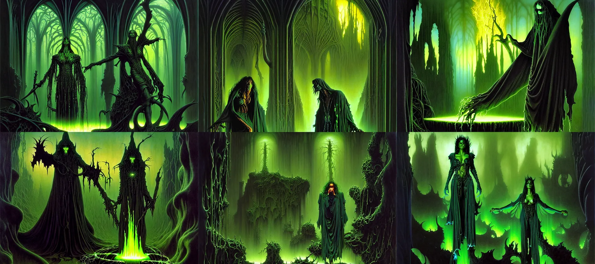 Prompt: the forgotten misery by michael whelan and roger dean and brom and hubert robert and greg staples and donato giancola, beautiful, flowing magical flesh robe, highly detailed, hyperrealistic, intricate, energy, electric, black flame, low light, green crystal, high contrast, old and young, lifelike