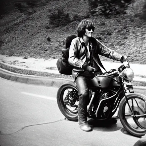 Image similar to john lennon riding a motorcycle in the movie born to be wild, cinematic sureal 3d 8k