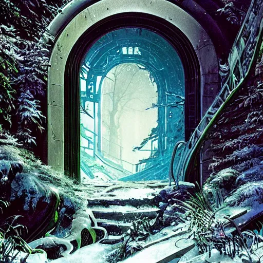 Image similar to stairs leading to a frozen derelict portal in a middle of a snowy lush futuristic forest, green lush world seen only through a portal, daylight, cinematic lighting, blue sky, syd mead, john harris