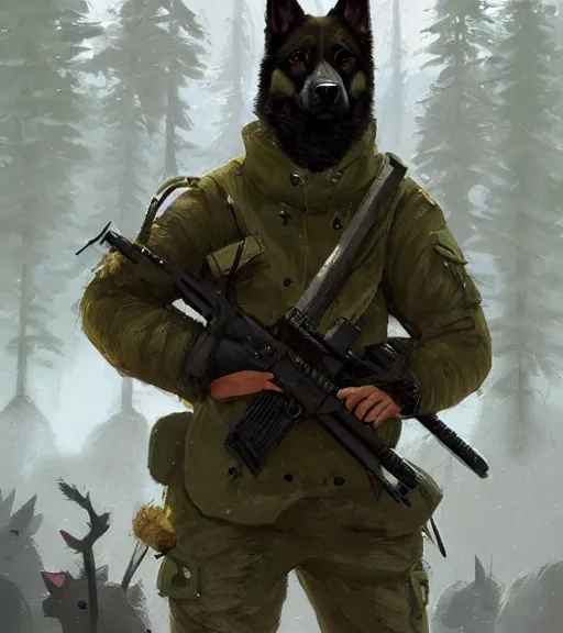 Image similar to Norwegian forest war action portrait of furry anthro anthropomorphic german shepard head animal person fursona wearing clothes modern soldier tactical digital art by Greg Rutkowski, Simon Stalenhag, trending on Artstation, CGSociety